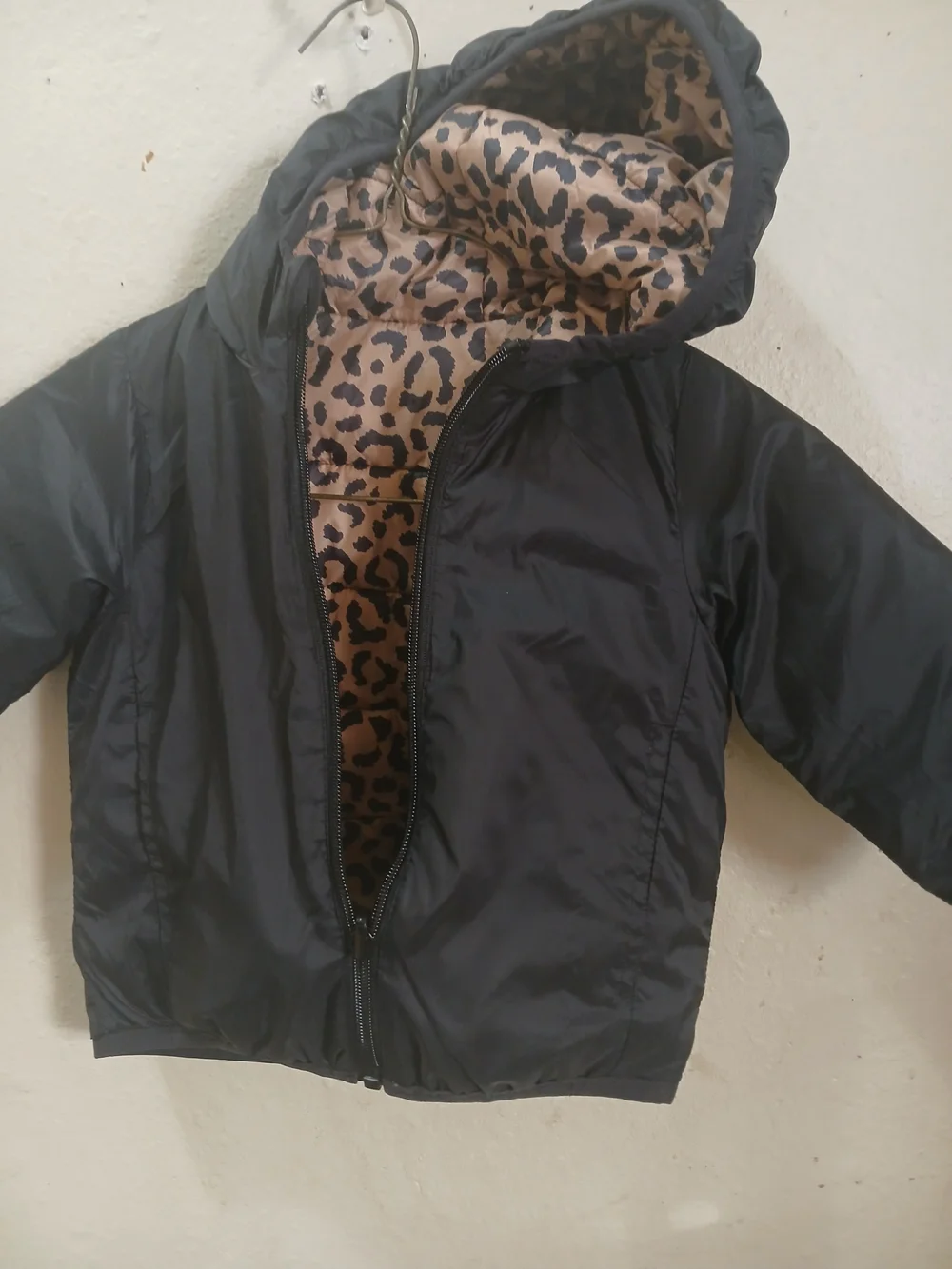 Reversible Kids Black Hooded Jacket with Leopard Lining Size 24 Months
